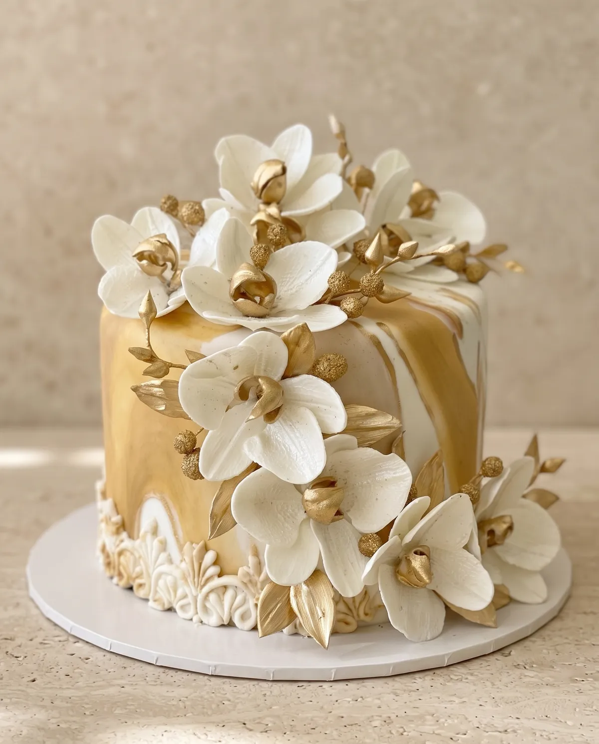 A gold and ivory cake with cascading sugar orchids
